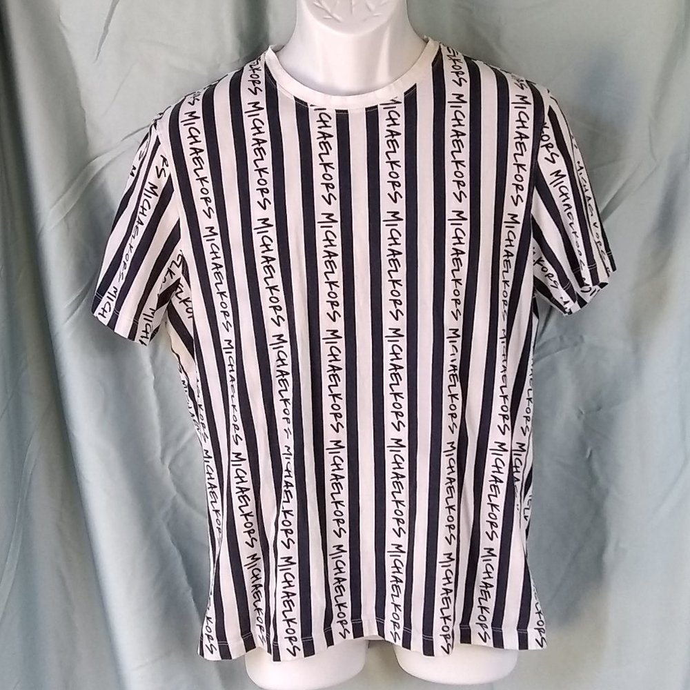 Men's Large Michael Kors Blue and White Stripe T-Shirt